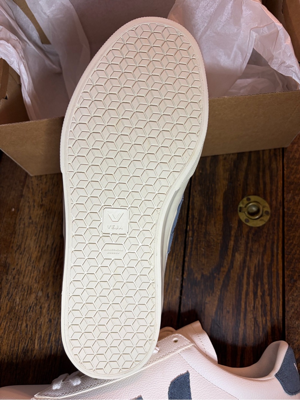 Veja White Leather Sneakers with Navy V Logo - Picture 4 of 8